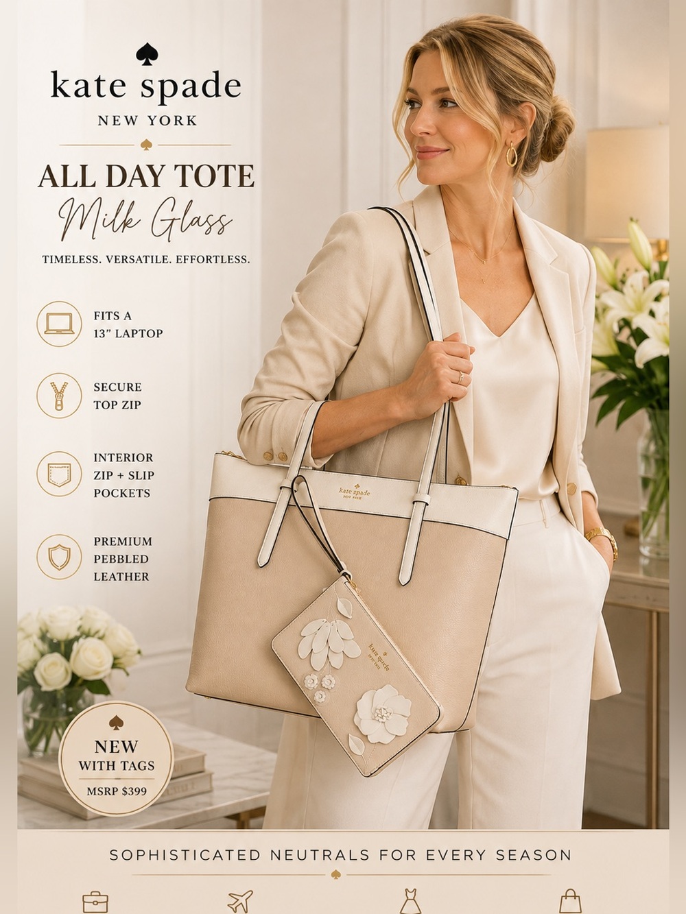 kate spade NEW All Day Tote in Milk Glass | Leather with Color Block MSRP $399 - Picture 14 of 16